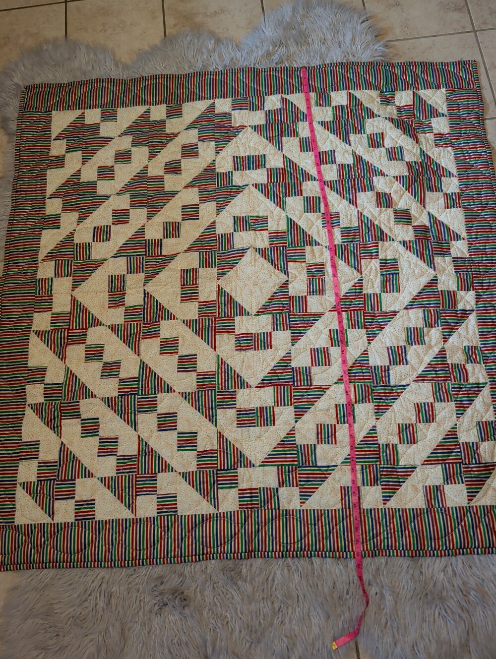 Vintage Handmade Quilt Log Cabin Barn Raising Rainbow Striped Geometric 52X52